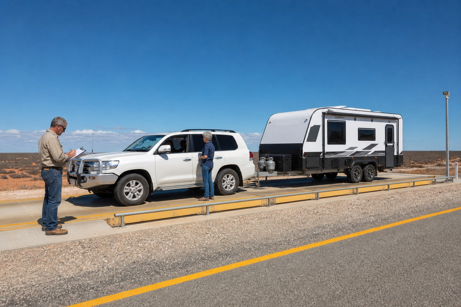 White tow vehicle and tandem caravan positioned on a public weighbridge on the Nullarbor