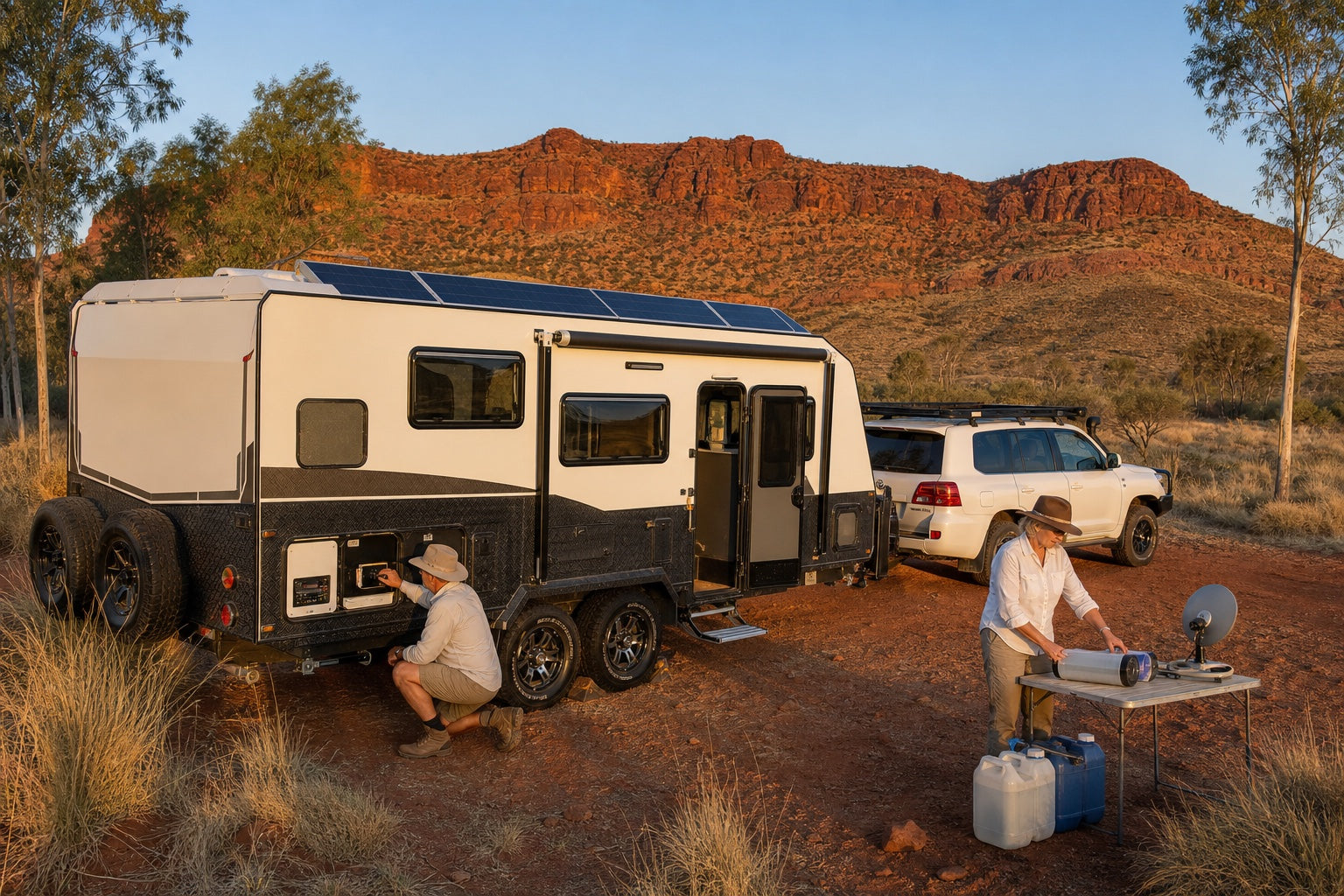 Couple checking caravan solar, water and communications systems in the Red Centre