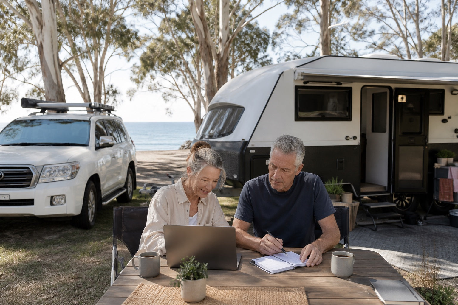 Couple planning full-time caravan travel at a NSW South Coast campsite