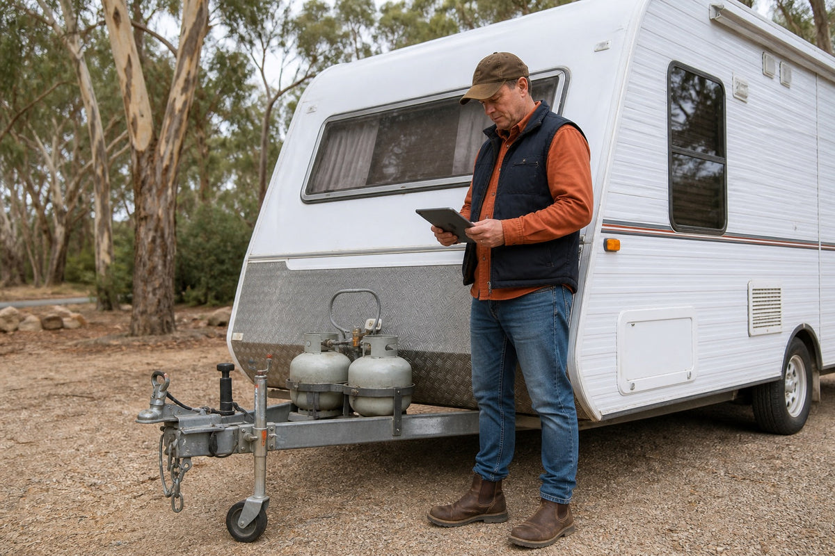 Buyer reviewing records on a tablet beside a parked used caravan