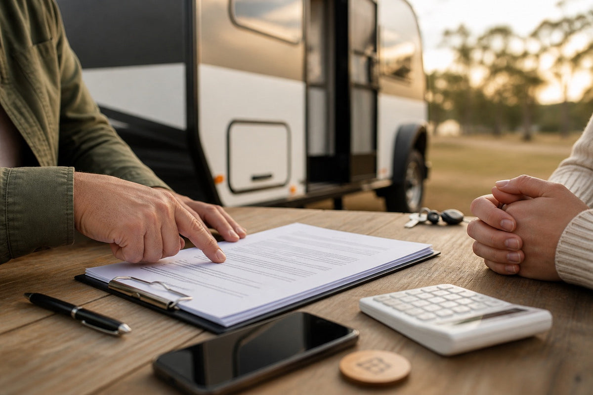 Australian caravan buyers reviewing an order contract and specification sheet at a dealership desk