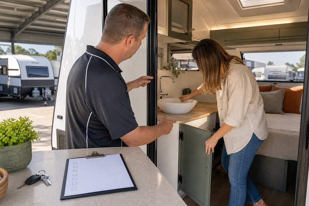 Australian caravan buyer testing a cupboard during a new caravan handover with a dealer