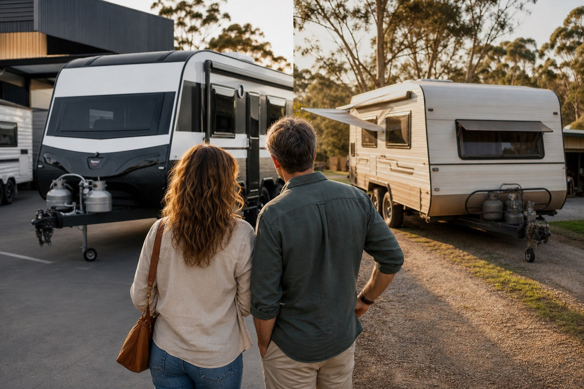 Australian couple comparing a new caravan at a dealership with a well-kept used caravan