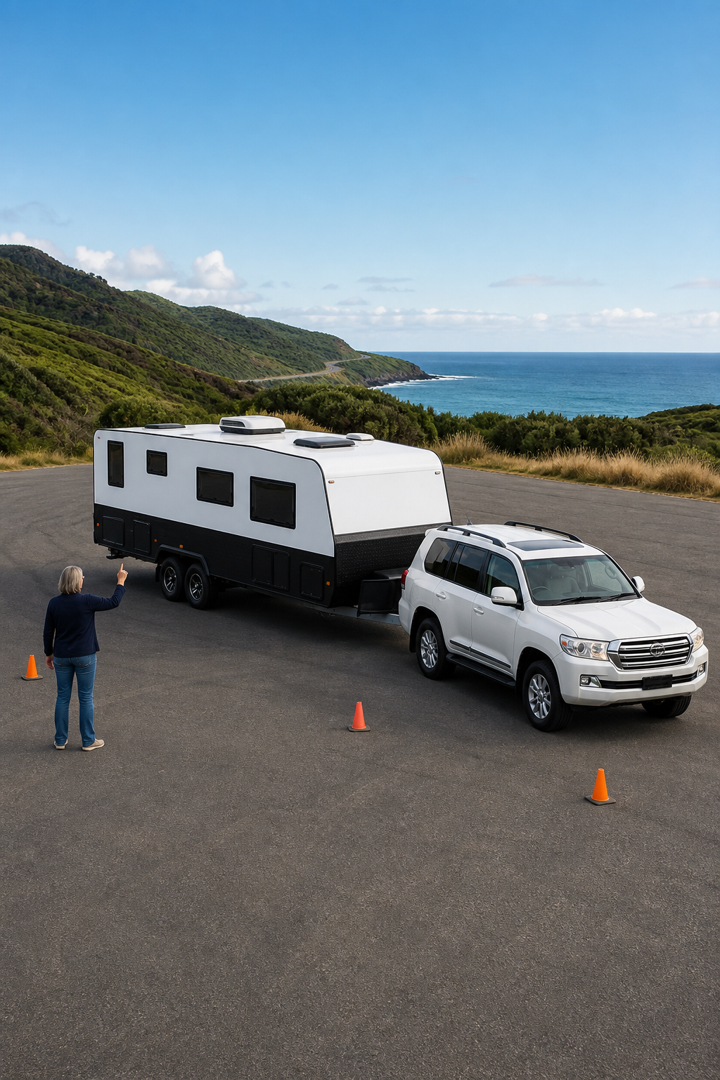 Driver and spotter practising how to reverse a caravan safely