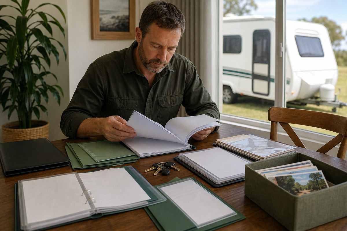 Organised used-caravan records, keys and manuals being reviewed by an Australian buyer