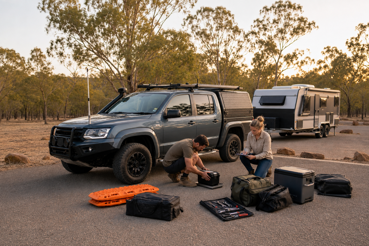 Travellers weighing luggage and accessories beside a tow vehicle