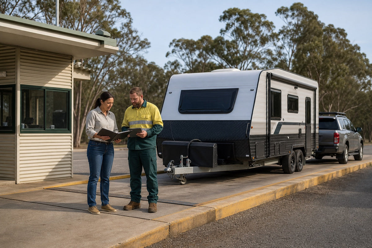 Australian caravan buyer comparing a specification sheet with a caravan on a certified weighbridge