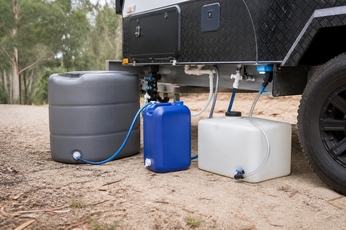 Different caravan water tanks and plumbing connections
