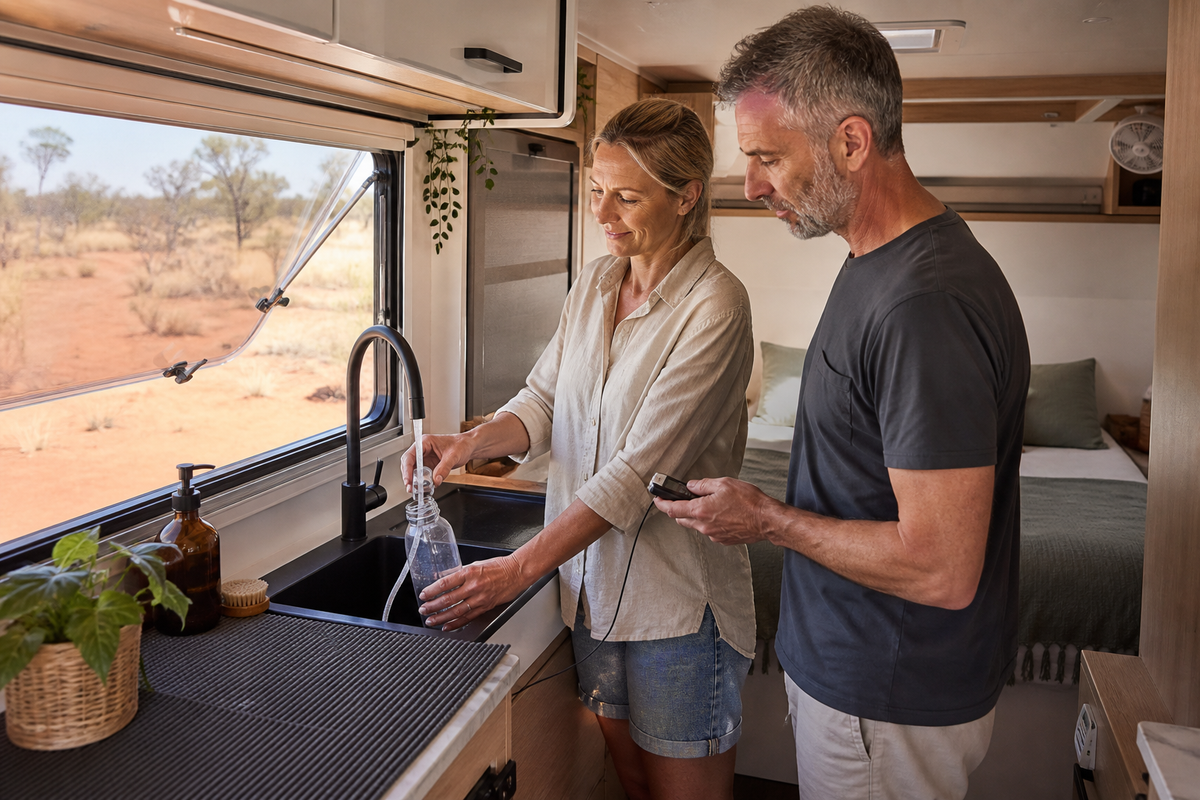 Australian caravan travellers measuring water use at the sink