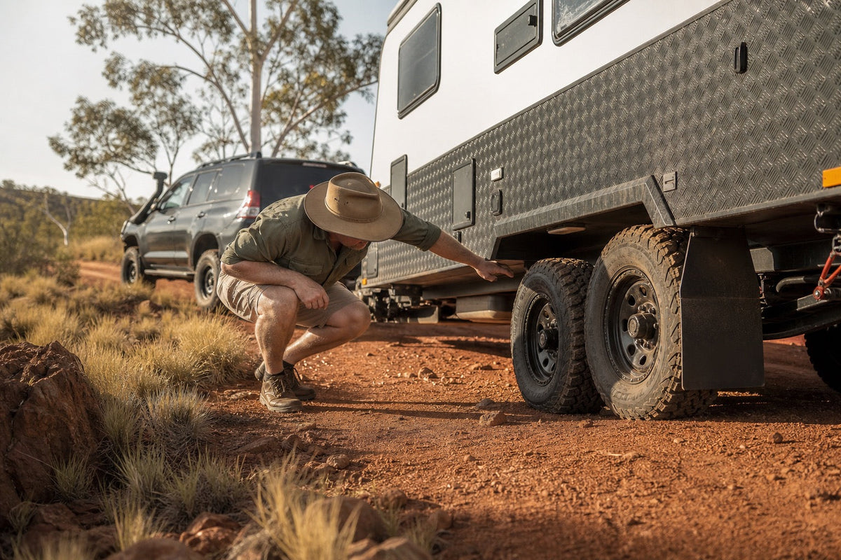 Australian traveller inspecting the suspension and clearance of an off-road style caravan on a red-dirt track