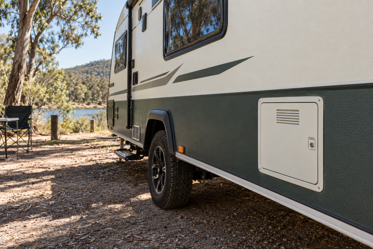 Caravan parked beside a lake showing the exterior hot-water service compartment door