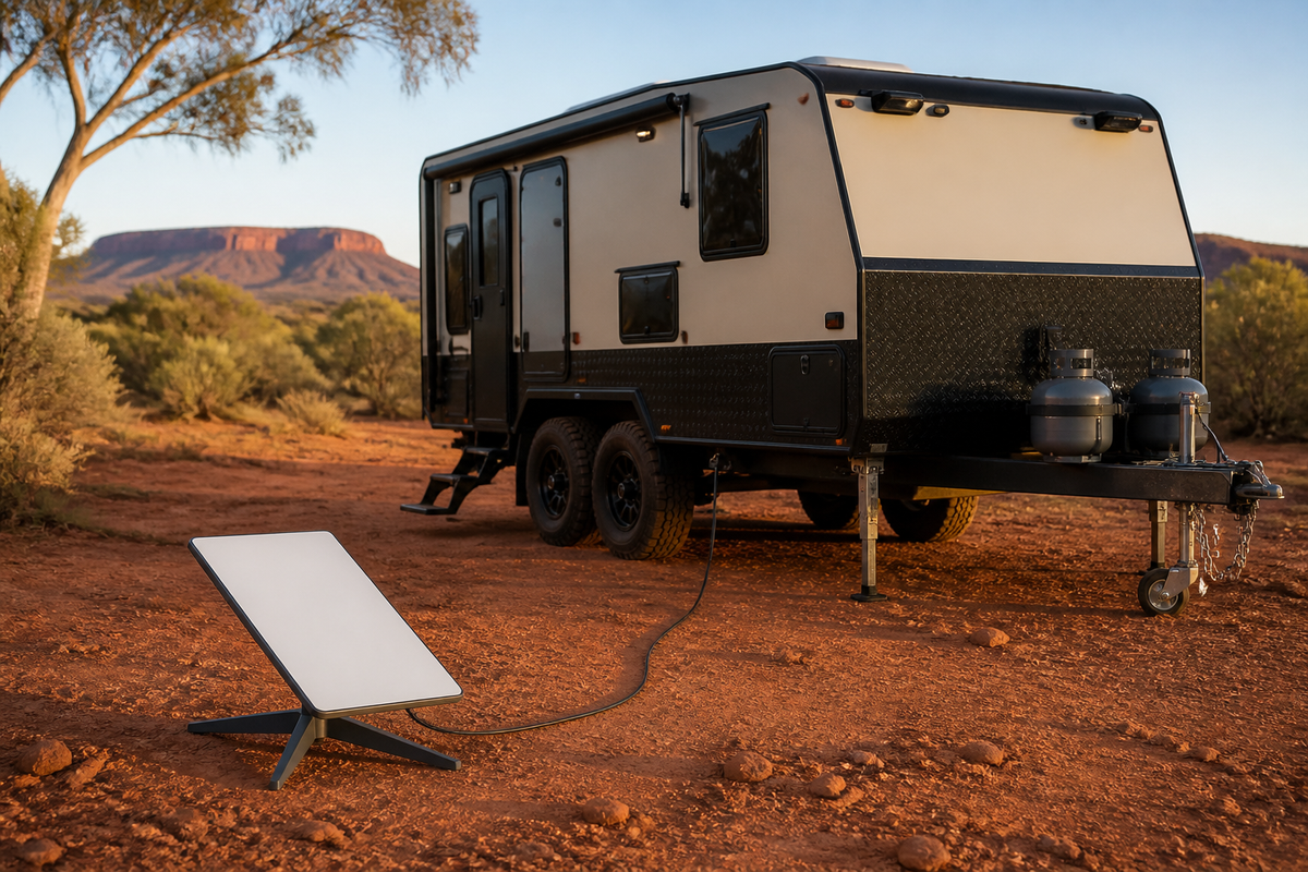Single flat rectangular satellite internet dish beside a caravan in the Australian outback