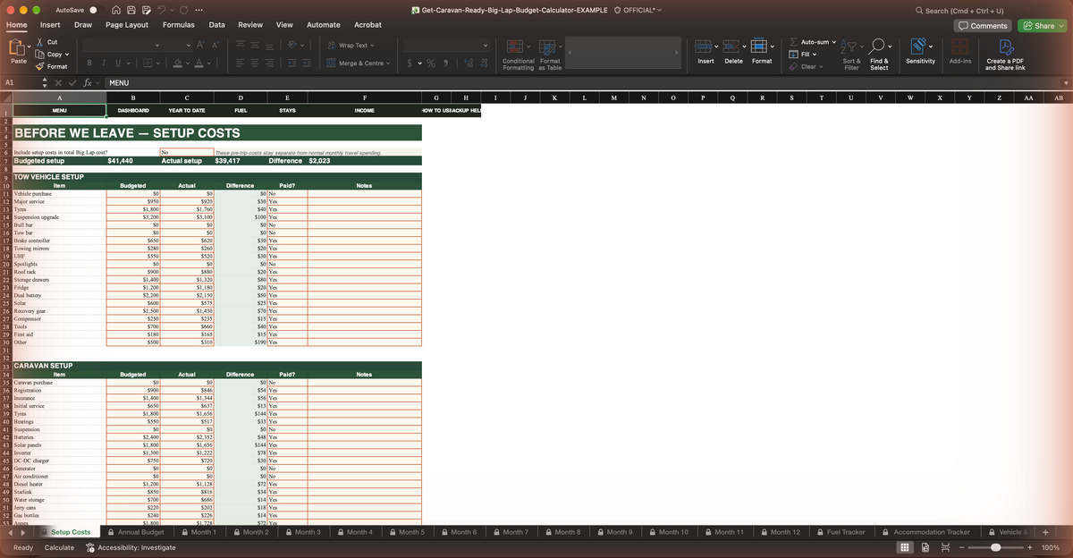 Big Lap Australia Budget & Expense Tracker — Setup Costs tab for tow vehicle and caravan budget vs actual