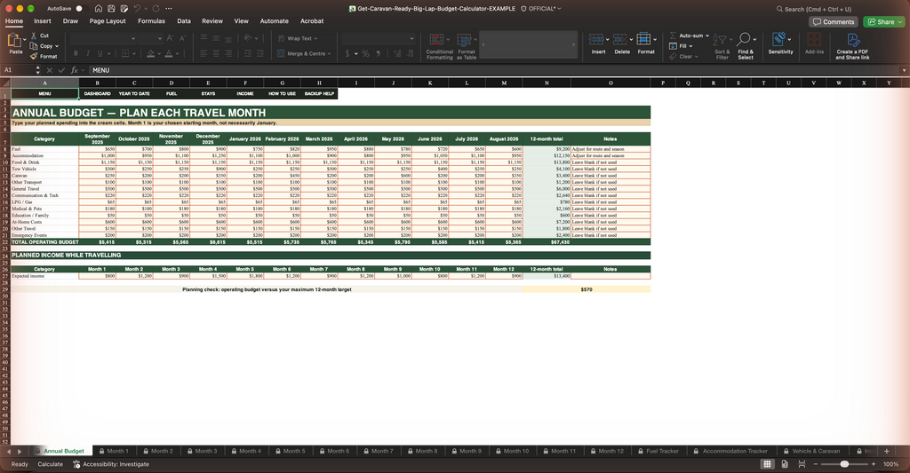 Big Lap Australia Budget & Expense Tracker — Annual Budget 12-month category spending planner grid
