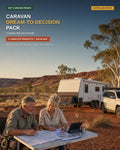 Promotional graphic for the Caravan Dream-to-Decision Pack Australian Edition, featuring a couple planning at a table in front of a caravan and SUV in an outdoor desert campsite setting.