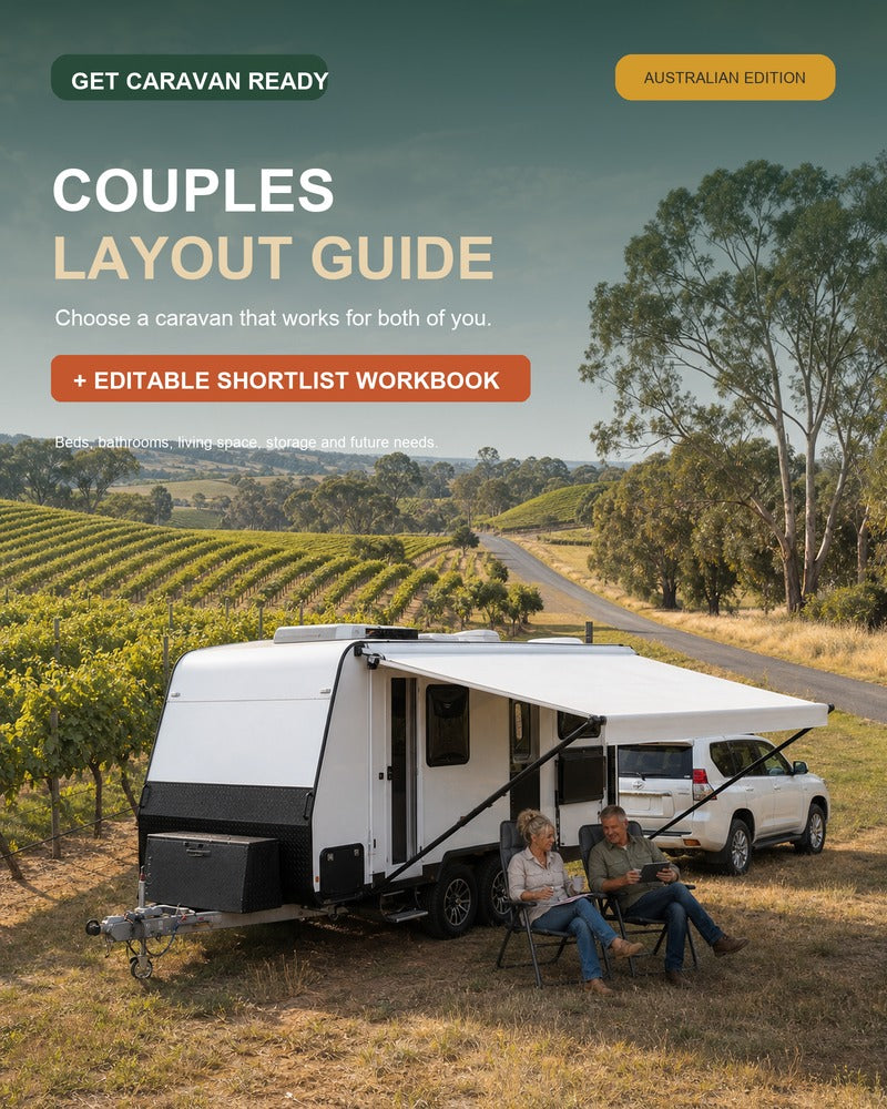Couples Layout Guide cover showing a caravan in the Barossa Valley