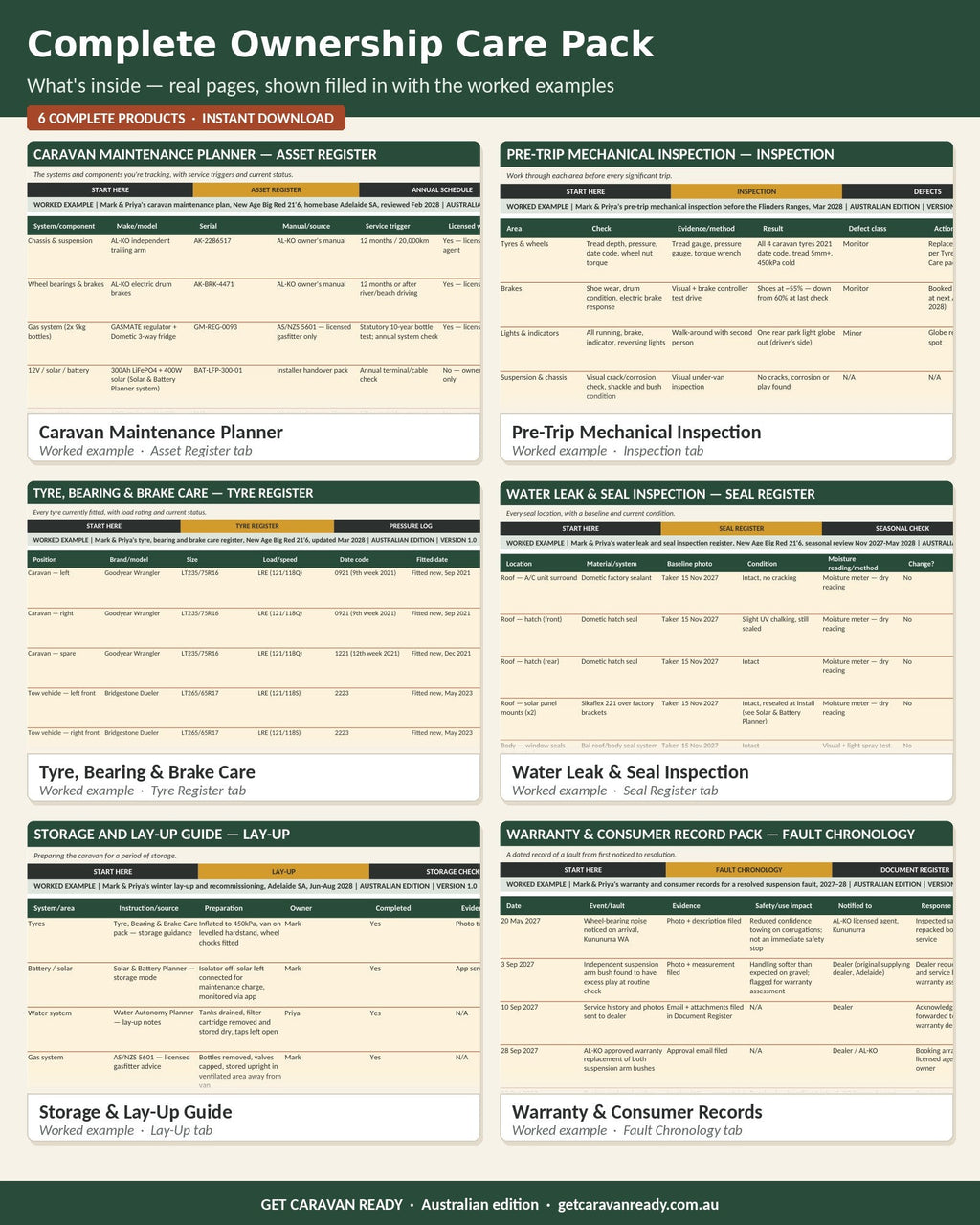 What's inside the Complete Ownership Care Pack — real worked-example pages from the maintenance, pre-trip inspection, tyre and brake, seal, lay-up and warranty planners