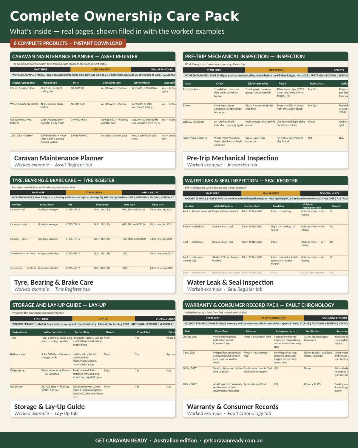 What's inside the Complete Ownership Care Pack — real worked-example pages from the maintenance, pre-trip inspection, tyre and brake, seal, lay-up and warranty planners